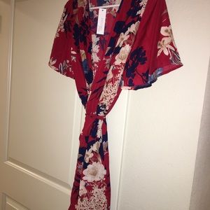 Red floral wrap dress
